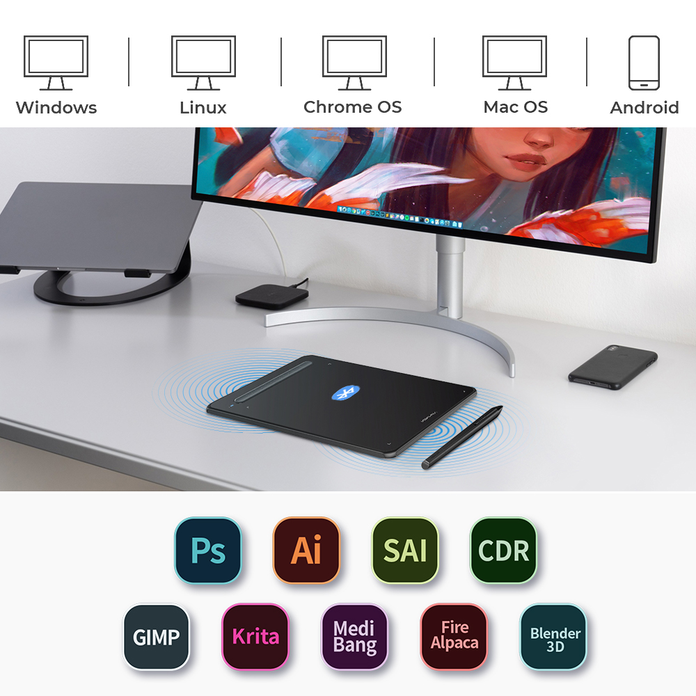 豪華 XPPen Deco MW ペンタブ Bluetoothワイヤレス接続対応 8x5インチ ペンタブレット X3チップ搭載ペン 選べる4色  8個ショートカット 傾き検知 お絵かき Android Windows Mac Chromebook Linux
